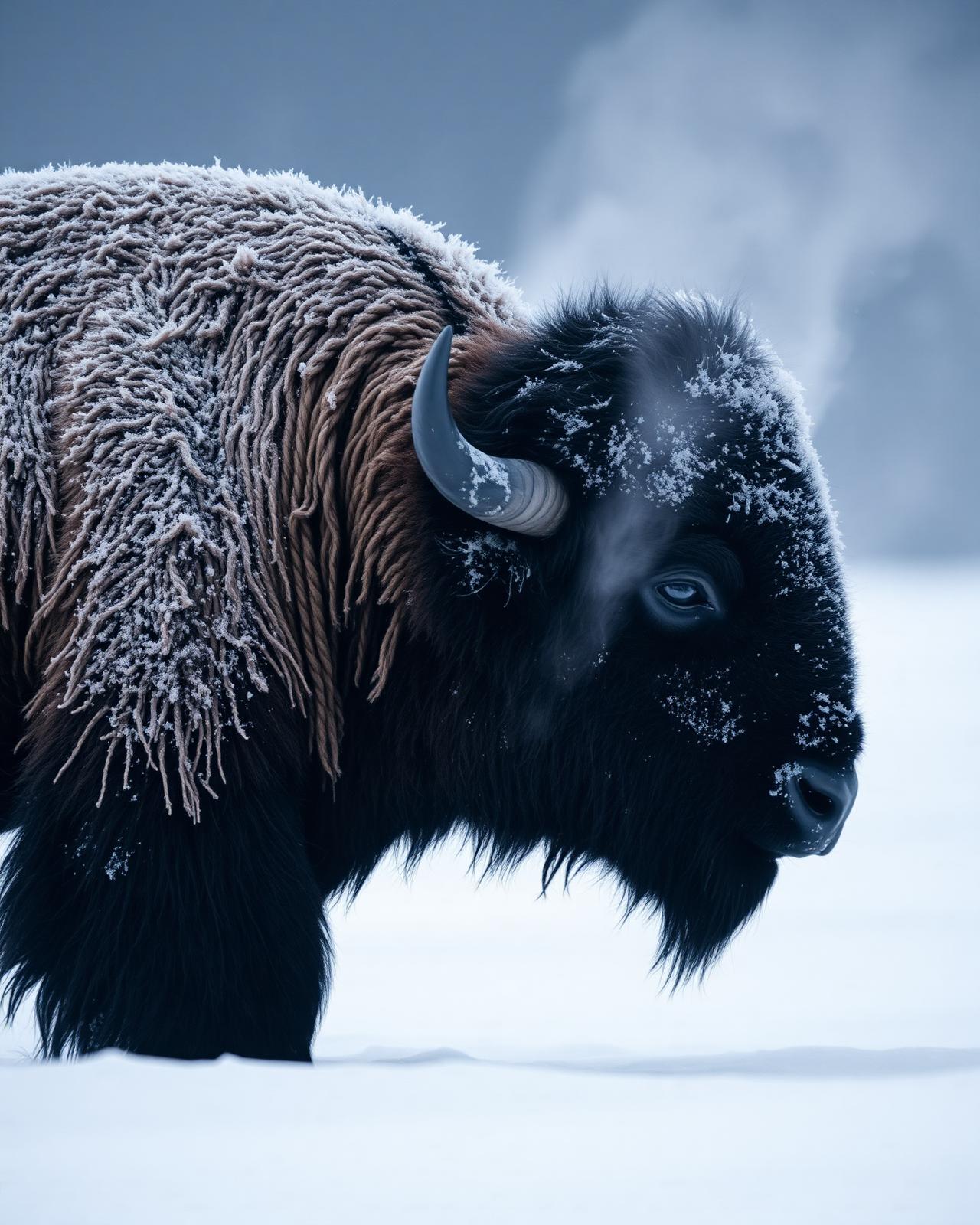 Frost-covered bison in winter Yellowstone