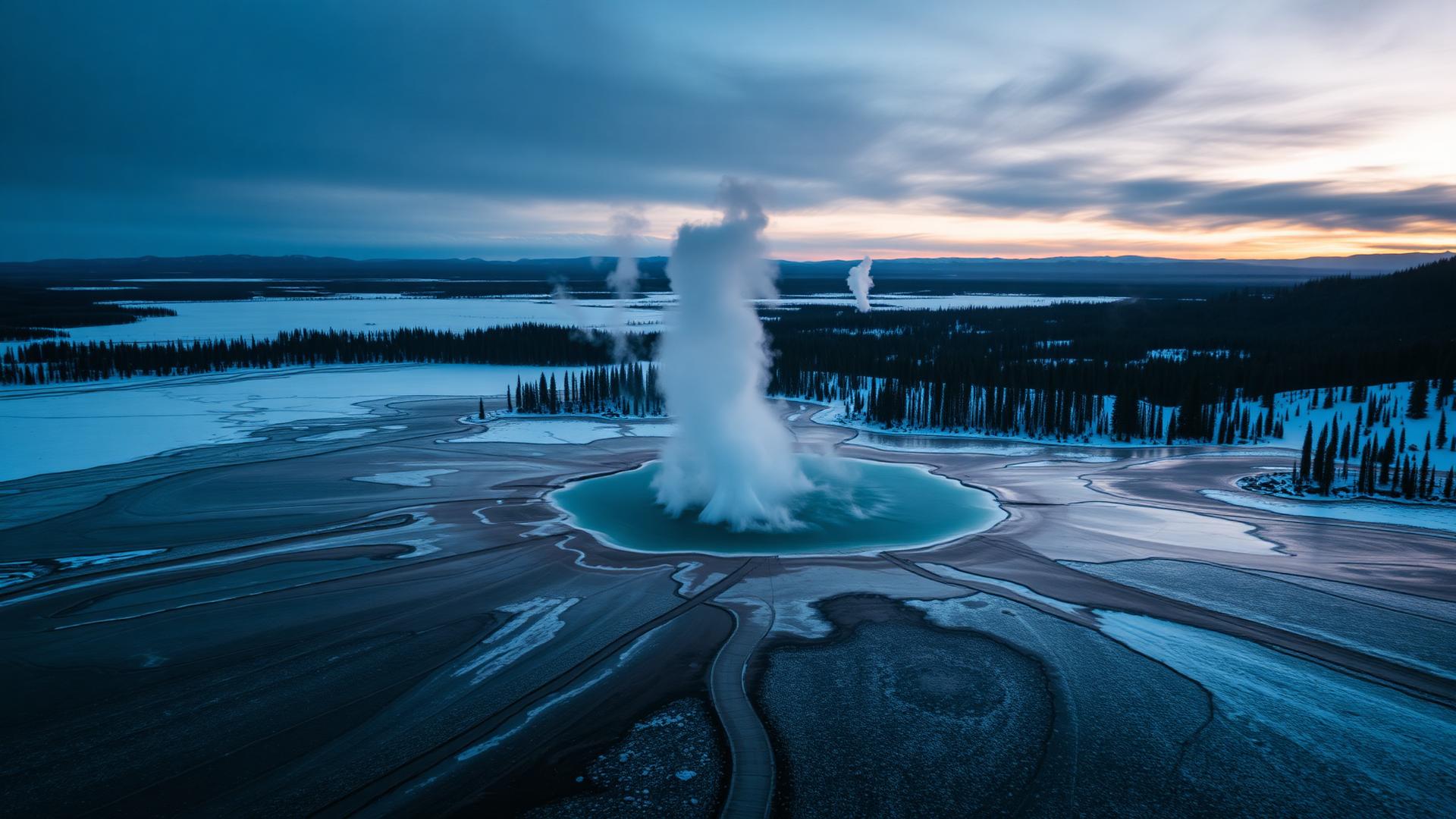 Yellowstone winter geothermal basin at twilight