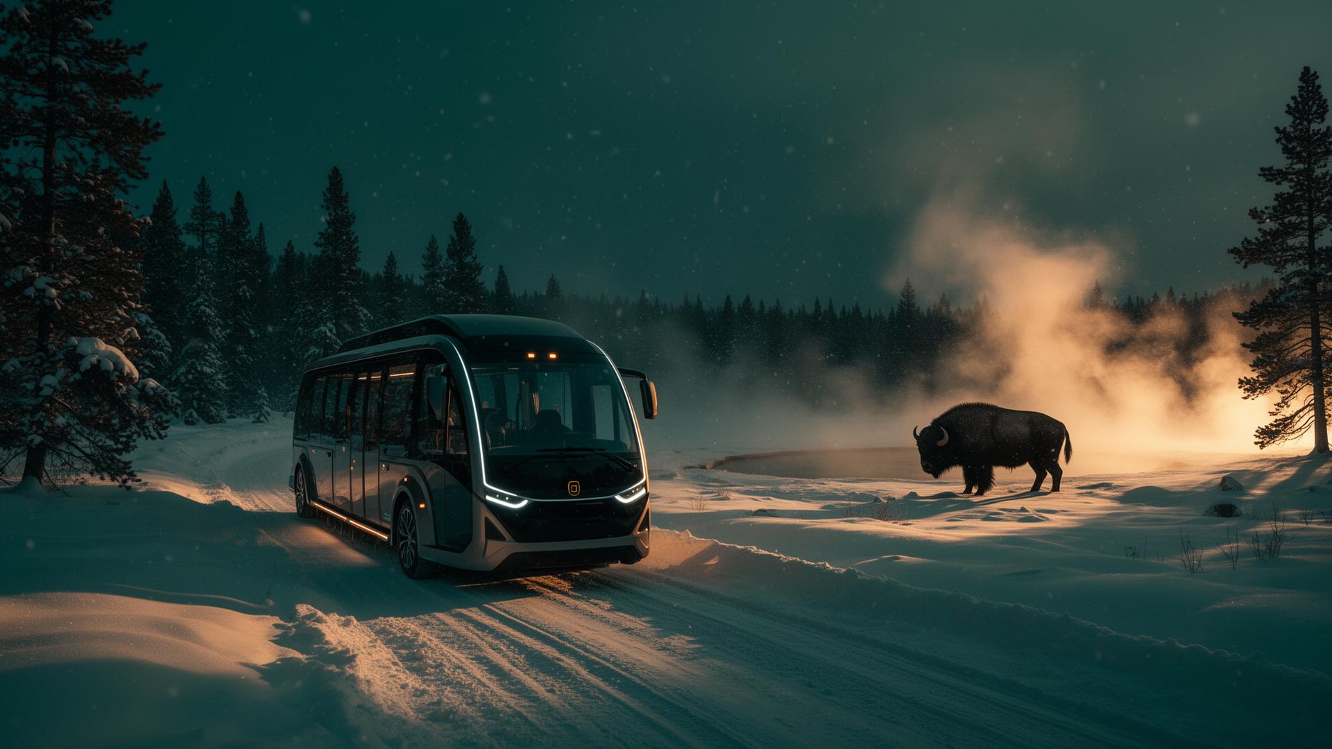Luxury snow coach in winter Yellowstone with bison and steaming geyser